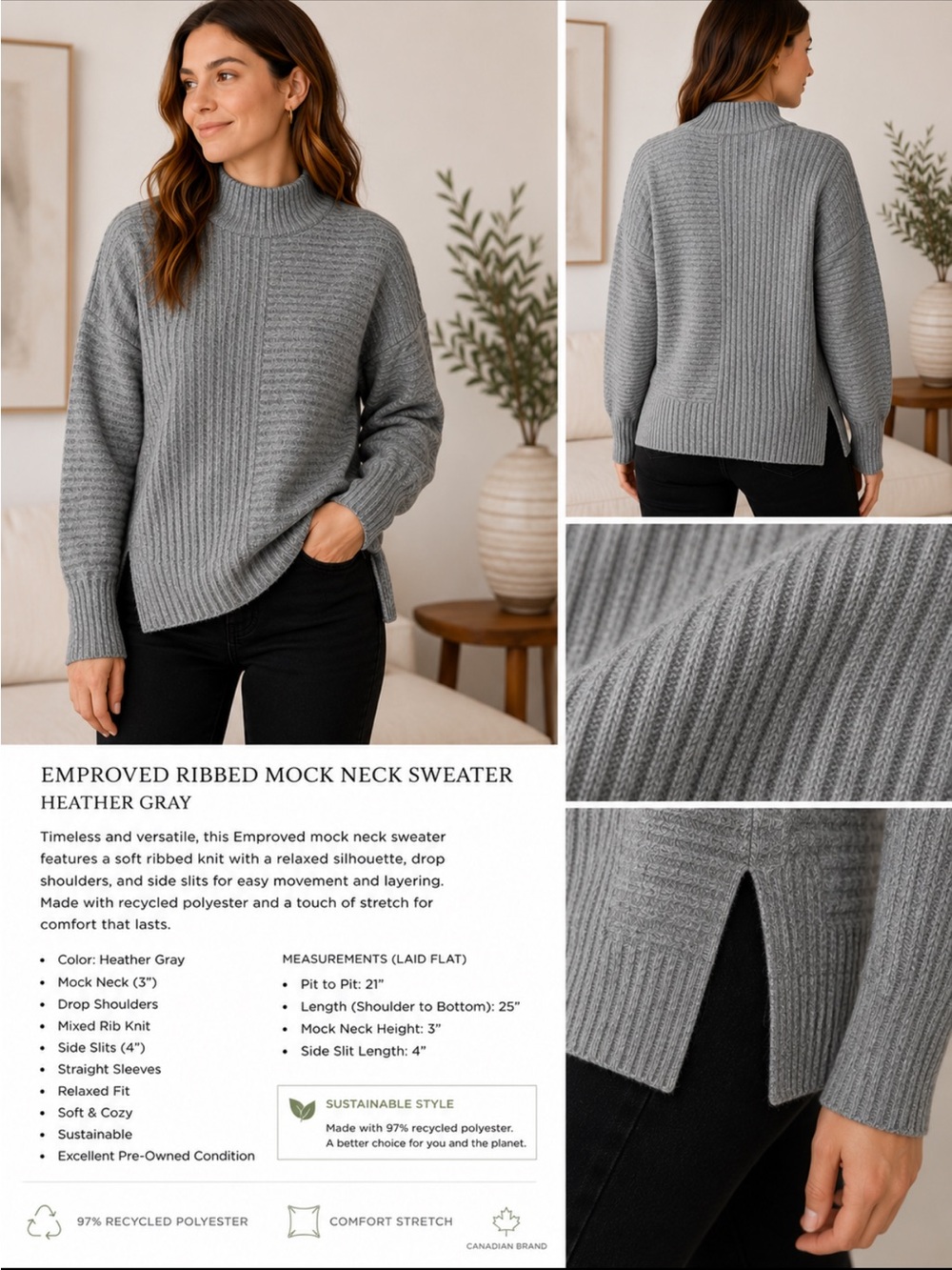 Emproved Gray Ribbed Mock Neck Sweater Side Slit Soft Knit Size Medium